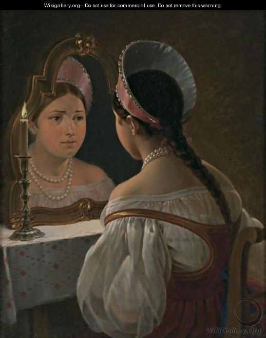 19th Century Girl In Front Of A Mirror, After Karl Pavlovich Bryullov - Russian School