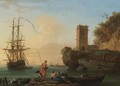 A Coastal Landscape At Dusk With Fishermen And Women In The Foreground, Sailors Disembarking From A Ship Beyond - Claude-joseph Vernet