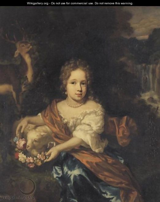 Portrait Of A Young Girl Holding A Garland Of Flowers - Nicolaes Maes