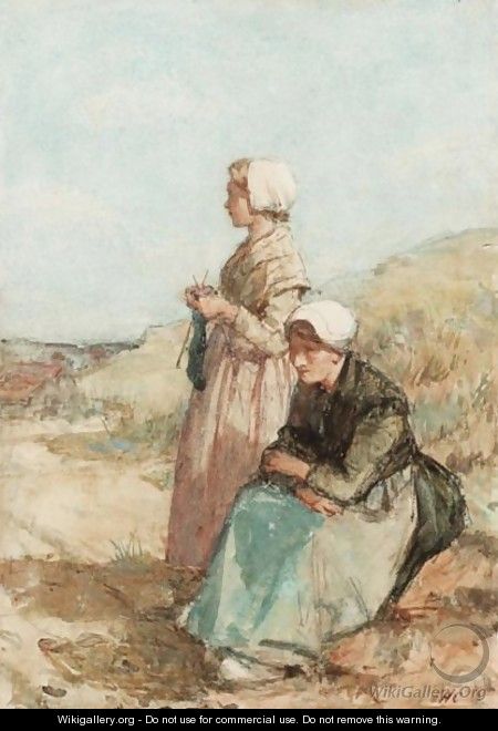 A Woman Knitting With Seated Woman - Hugh Cameron
