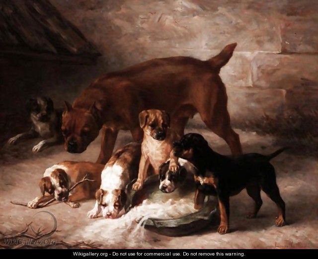 Feeding Time For The Puppies - Louise Lalande