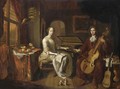 A Lady Playing The Virginals And A Gentleman Playing A Viola Da Gamba In An Elegant Interior Together With A King Charles Spaniel And A Parrot Near A Cage - Amsterdam School