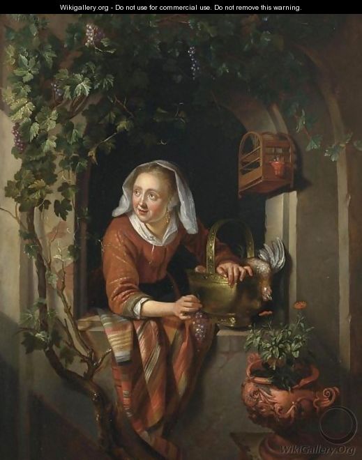 A Woman At A Partially Draped Casement With Dead Fowl In A Bucket By A Birdcage And Flowers In An Urn - (after) Gerrit Dou