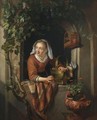 A Woman At A Partially Draped Casement With Dead Fowl In A Bucket By A Birdcage And Flowers In An Urn - (after) Gerrit Dou