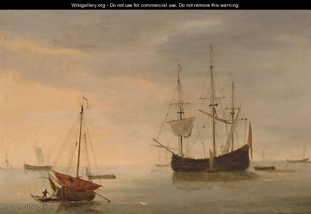 A Dutch Flute At Anchor And A Fishing Pink With Sail Lowered In The Foreground In A Calm Sea At Sunset - Willem van de, the Elder Velde