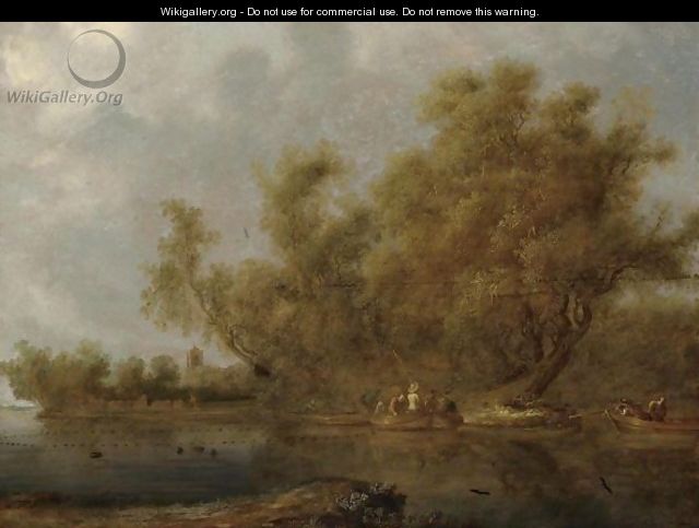 A River Landscape With Fishermen And Sportsmen In Boats, A Church Tower Beyond - Salomon van Ruysdael