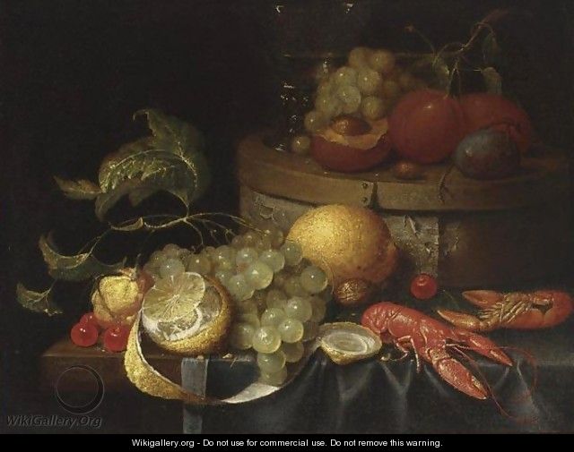 A Still Life With Crayfish, Grapes, Lemons, Cherries, Walnuts, A Box With A Berkemeier And Peaches, All On A Draped Table - (after) Guilliam Van Deynum
