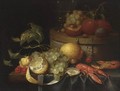 A Still Life With Crayfish, Grapes, Lemons, Cherries, Walnuts, A Box With A Berkemeier And Peaches, All On A Draped Table - (after) Guilliam Van Deynum