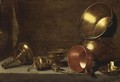 A Still Life With Copper Candlesticks, Pots And Pans On A Stone Ledge - Floris Gerritsz. van Schooten