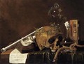 A Vanitas Still Life With A Skull, A Book, A Pipe, A Caraf And An Hour-Glass, All On A Draped Table - Flemish School