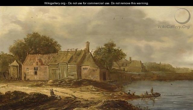 A Farm Along A River And Fishermen In A Boat, A Few Figures On The River Bank - (after) Jan Van Goyen