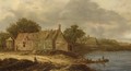 A Farm Along A River And Fishermen In A Boat, A Few Figures On The River Bank - (after) Jan Van Goyen