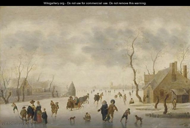 A Winter Landscape With Elegant Figures Skating And A Couple In A Horse-Drawn Sleigh On The Ice - Anthonie Verstraelen