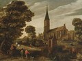 A Wooded Landscape With Figures Near A Church And Two Monks Conversing On A Stone Bridge - Esaias Van De Velde