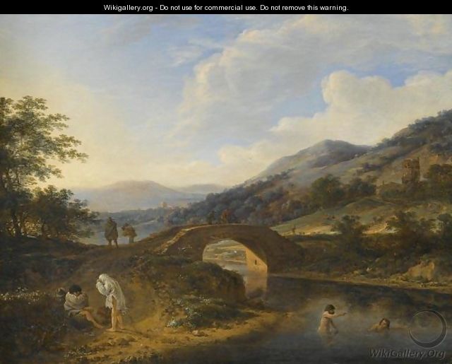 A Hilly Landscape With Bathers In A River Near A Stone Bridge With Travellers - Herman Saftleven