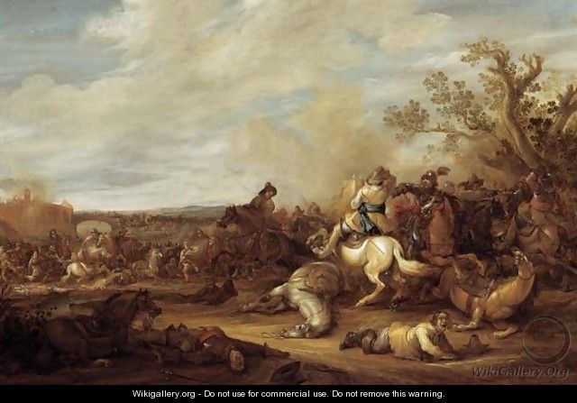A Cavalry Battle Scene Before A Fortified Town - Abraham van der Hoef