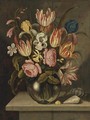 A Still Life Of Tulips, Roses, Irises And Daffodils In A Glass Vase With A Caterpillar And Three Exotic Shells On A Stone Ledge - Abraham Bosschaert