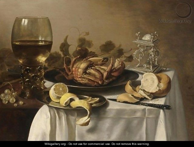 A Still Life With A Roemer, A Crab And A Peeled Lemon On A Pewter Plate - Pieter Claesz.
