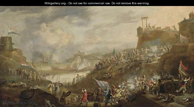 A Battle Scene Between Dutch And Turkish Soldiers With Artillery, Near A Fortress On A Mediterranean Coast, A Naval Battle In The Bay Nearby - (after) Jan Peeters