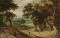 An Extensive Wooded Landscape With Elegant Figures Walking And Resting Together With Sportsmen And Their Dogs, A Town Beyond - Willem Van Den Bundel