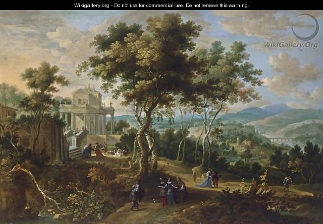 A Panoramic Classical Landscape With Elegant Figures Strolling And Resting Near A Palace, A View Of A River Beyond - (after) Jan Van Den Hecke