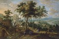 A Panoramic Classical Landscape With Elegant Figures Strolling And Resting Near A Palace, A View Of A River Beyond - (after) Jan Van Den Hecke