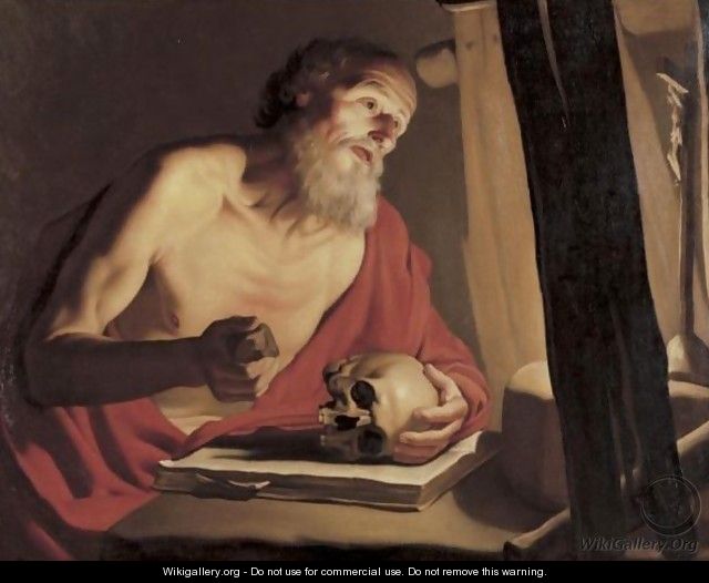 Saint Jerome With A Skull And Crucifix - (after) Michelangelo Merisi Da Caravaggio