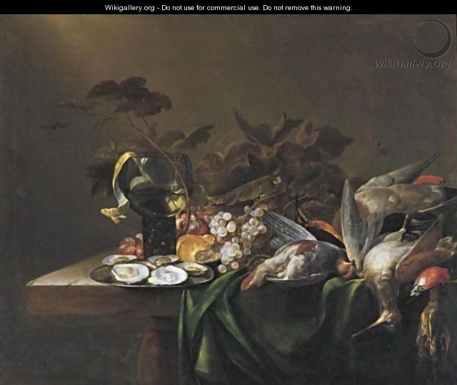 Still Life With Game Birds, A Plate Of Oysters, And Grapes All Resting On A Draped Table - Michiel Simons