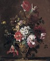 A Still Life With Parrot Tulips, Carnations And Other Flowers In An Urn On A Stone Ledge - (after) Nicolas Baudesson