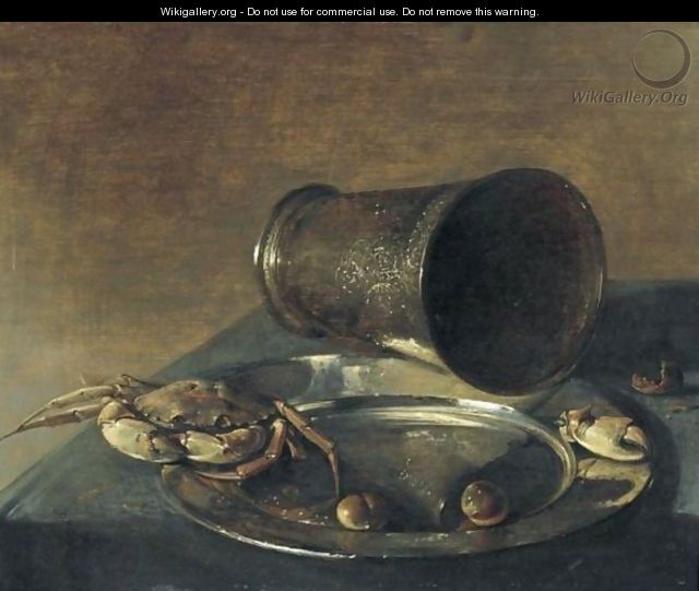 Still Life With A Crab And Olives On A Pewter Dish With An Overturned Silver Beaker - Jan Jansz. Treck