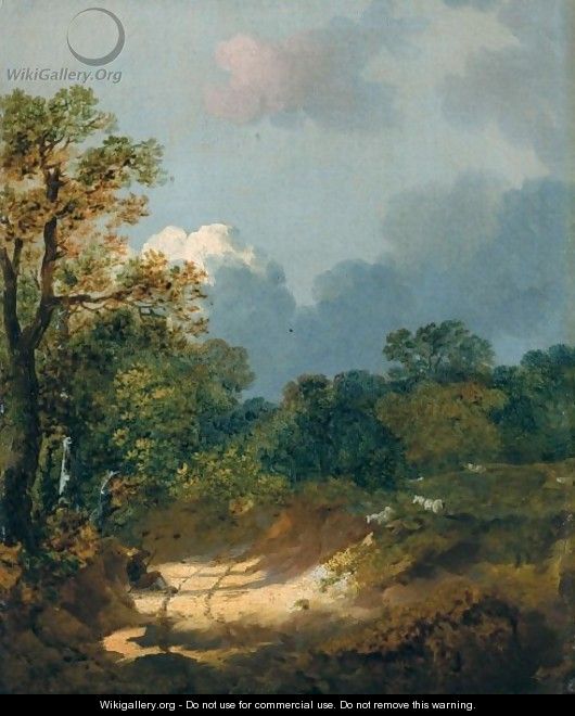 Wooded Landscape With Shepherd Resting By A Sunlit Track And Scattered Sheep - Thomas Gainsborough
