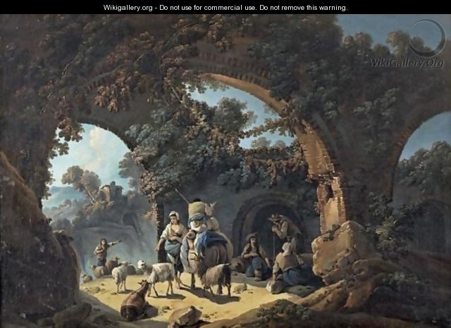 A Landscape With Drovers And Sheep Sheltering Among Ruins - Jean-Baptiste Pillement