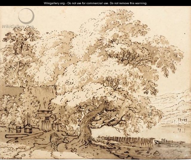 Farm Buildings Amongst Large Trees On A River Bank, With Hills Behind - Jan Hackaert