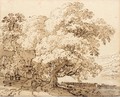 Farm Buildings Amongst Large Trees On A River Bank, With Hills Behind - Jan Hackaert