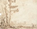 Landscape With Tall Trees To The Left, A Shepherd To The Right, And A Village Behind - Esaias Van De Velde