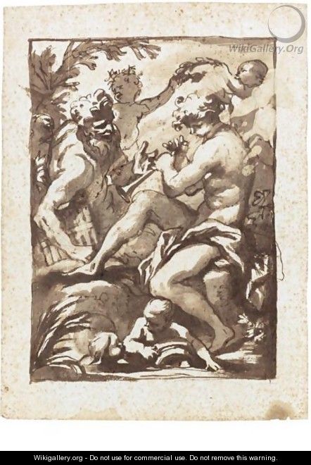 A Shepherd Playing A Pipe, Pan Beside Him And Putti Crowning Him With A Laurel Wreath - Domenico Piola