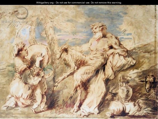 A Satyr And A Bacchante With Cupid In A Landscape - Giovanni Benedetto Castiglione