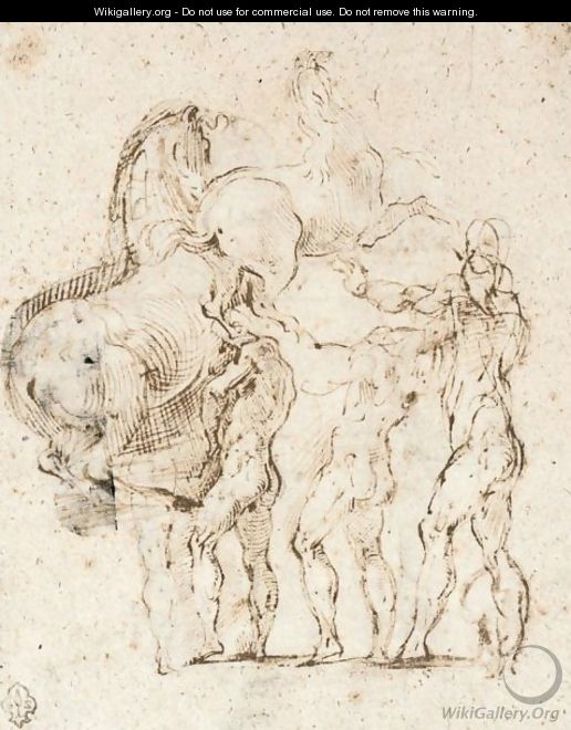Sheet Of Studies Of Standing Figures And Two Rearing Horses - Girolamo Francesco Maria Mazzola (Parmigianino)