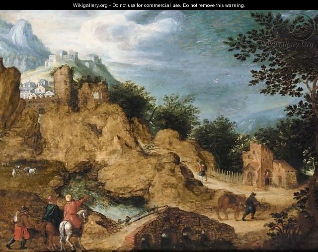 Mountainous Landscape With Figures In The Foreground Before A Bridge - Flemish School