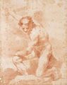 Study Of A Kneeling Male Nude Holding A Stick With His Right Hand - Ubaldo Gandolfi