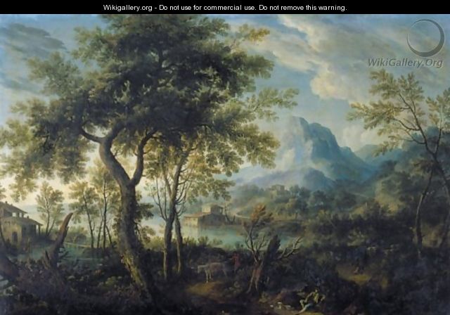 A Mountainous Landscape With A Lake And Figures On A Road In The Foreground - German School