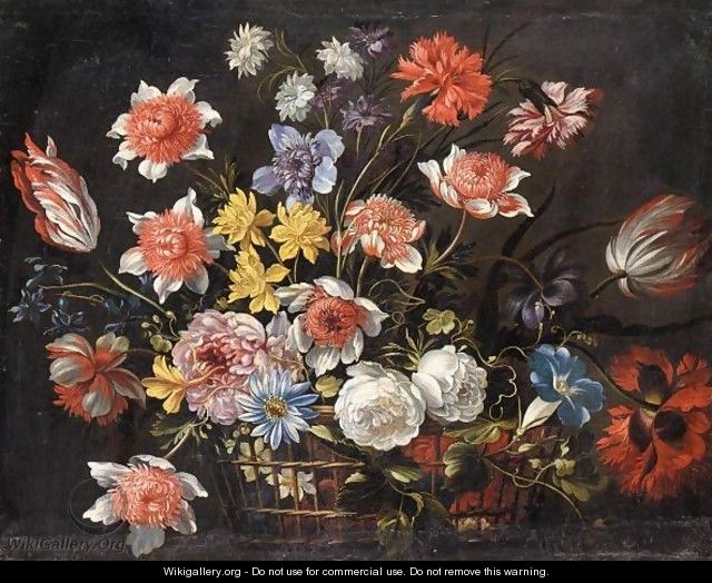Still Life With Carnations, Tulips And Various Other Flowers In A Basket On A Stone Ledge - (after) Nicolas Baudesson