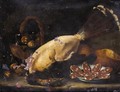 Still Life Of A Basket Of Figs Together With A Plucked Bird, A Plate Of Salami And Loaves Of Bread On A Stone Ledge - (after) Bartolomeo Arbotori