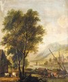 River Landscape With Cattle And Figures Before A Cottage, And Barges On The River - Dirck Dalens II