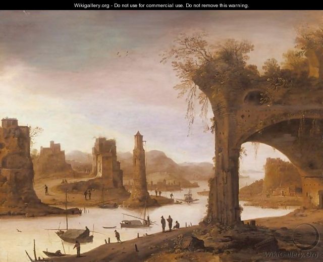 A River Landscape With Figures Standing Before Ruins - Dirck Verhaert