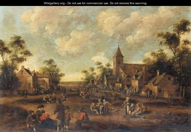 Village Scene With Crowds Of Figures Before A Church - Cornelius Droochsloot