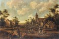 Village Scene With Crowds Of Figures Before A Church - Cornelius Droochsloot