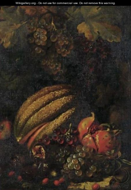 Still Life With Cantaloupe, Grapes, Figs And Pomegranate - Luca Forte