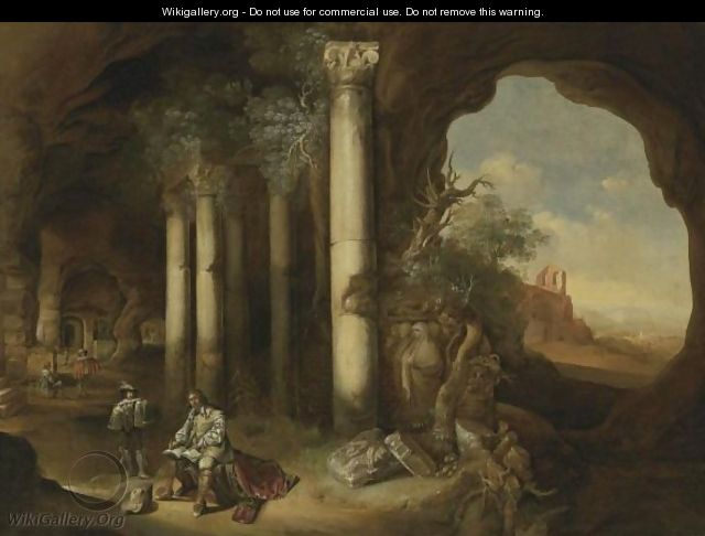 A Grotto With An Artist Sketching Amongst Classical Ruins - Abraham van Cuylenborch