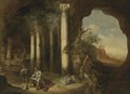 A Grotto With An Artist Sketching Amongst Classical Ruins - Abraham van Cuylenborch